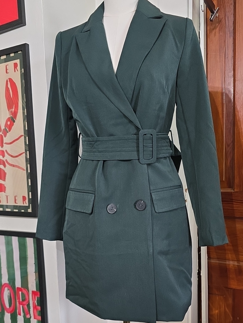 Dark Green Belted Double-Breasted Women's Blazer Coat Dress Small Nwt